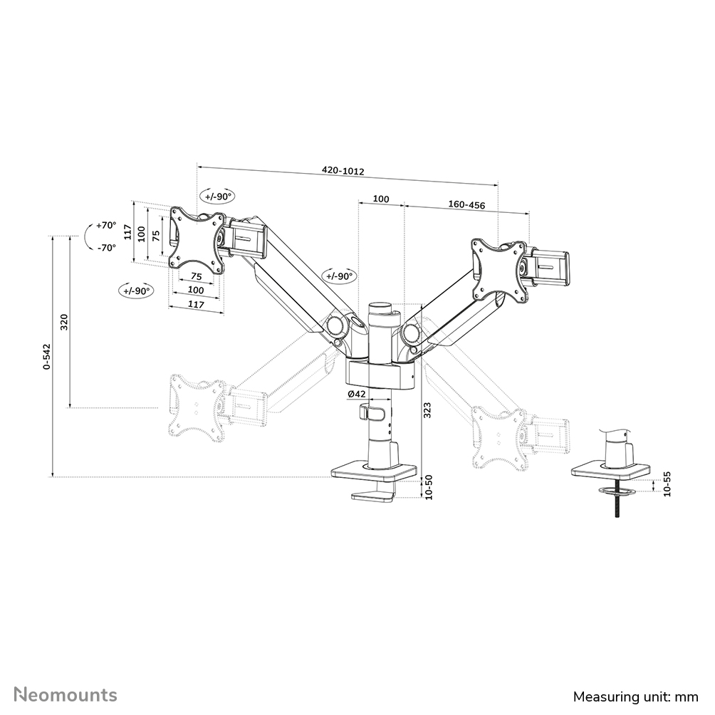 Neomounts DS65S-950BL2 Brazo de monitor 24-34" - resorte de gas - Topfix - multi ajustable - Tope-a-180°